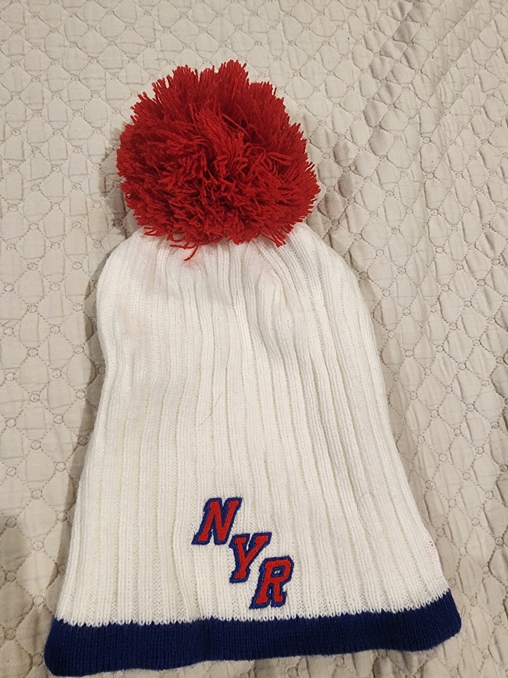 NYR Unisex Pom Beanie Hat in White with Red Pom